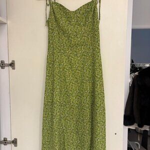 Green Floral Side Slit Midi Tie Strap Dress